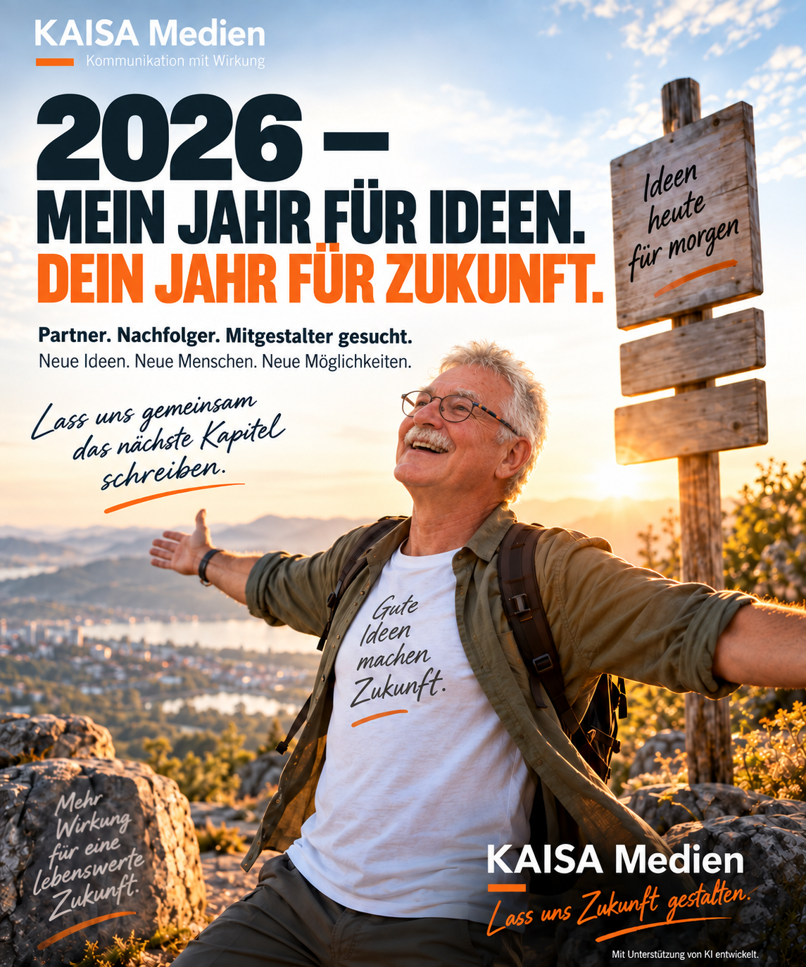 KAISA-Kampagnenmotiv: Josef Saum mit offenen Armen – sein Gesicht anhand seines Profilfotos angepasst
