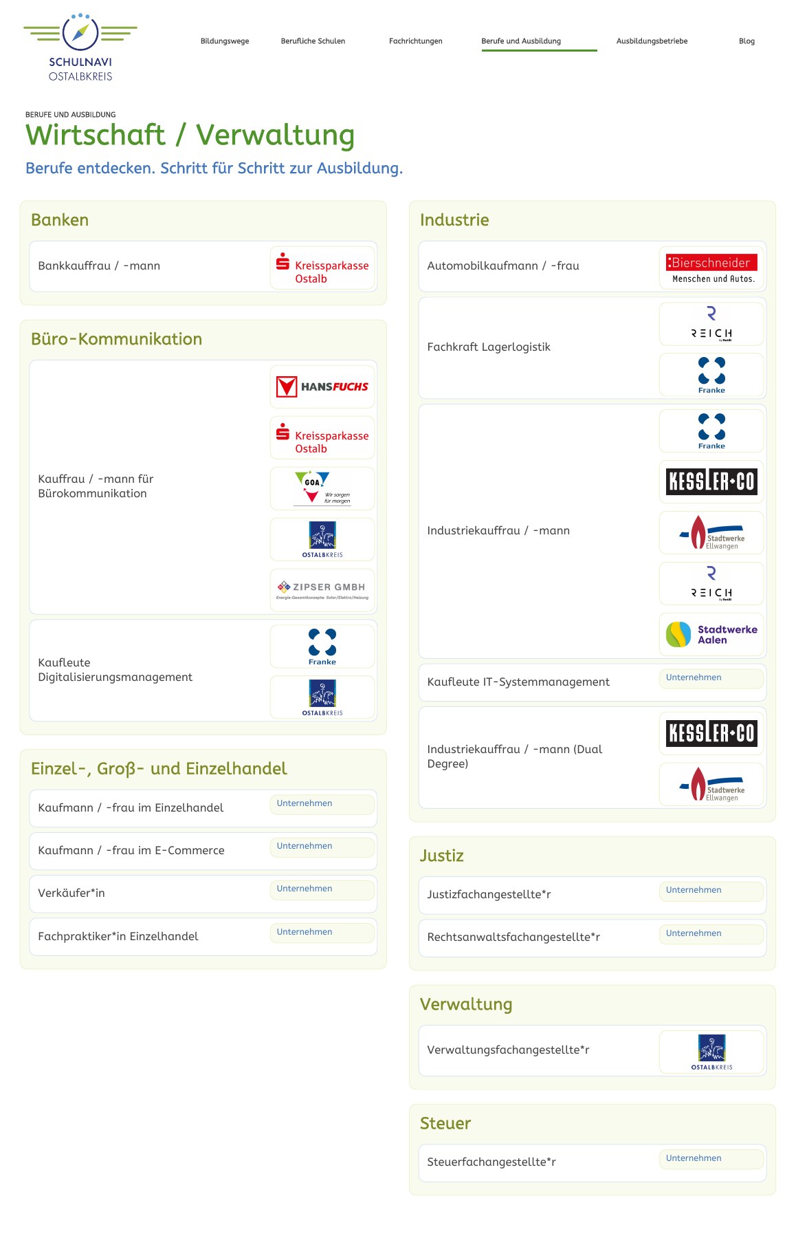 Schulnavi-Musterseite 1: Berufe und Unternehmen mit Firmenlogos