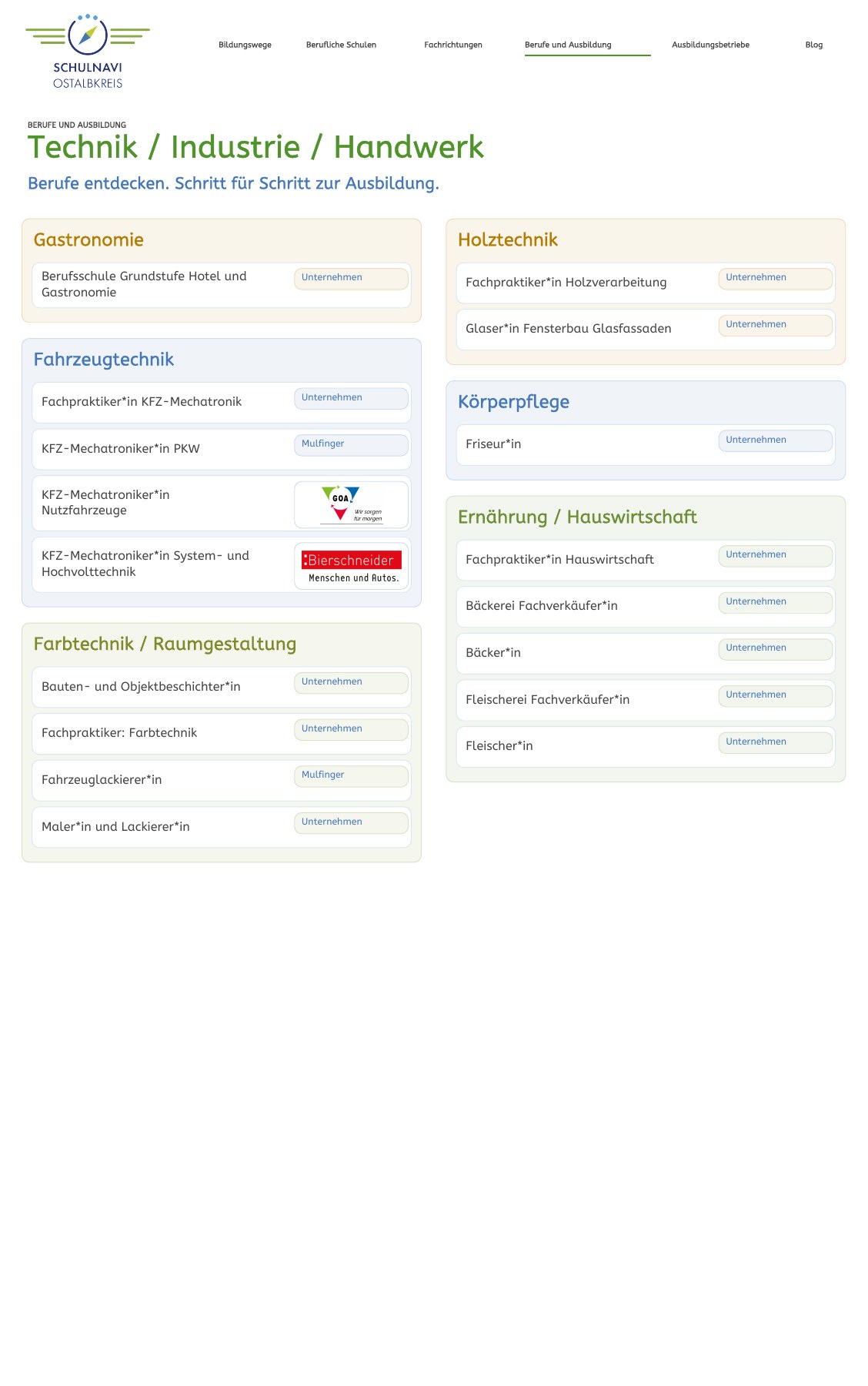 Schulnavi-Musterseite 3: Berufe und Unternehmen mit Firmenlogos